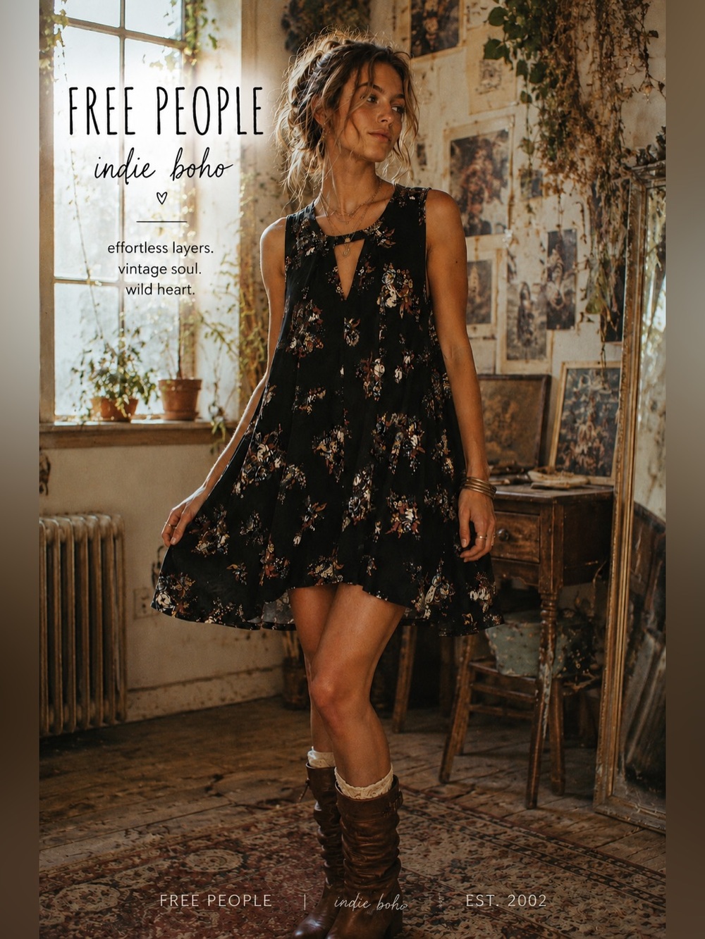Free People Black Floral Swing Tunic Dress Sleeveless Boho M cottagecore Boho T